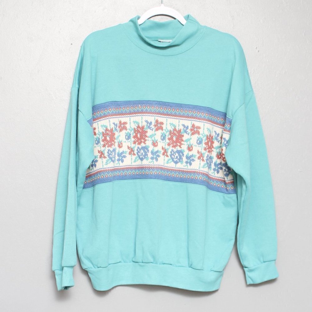 Vintage act III acrylic made in USA teal embroidered flower mock neck sweater